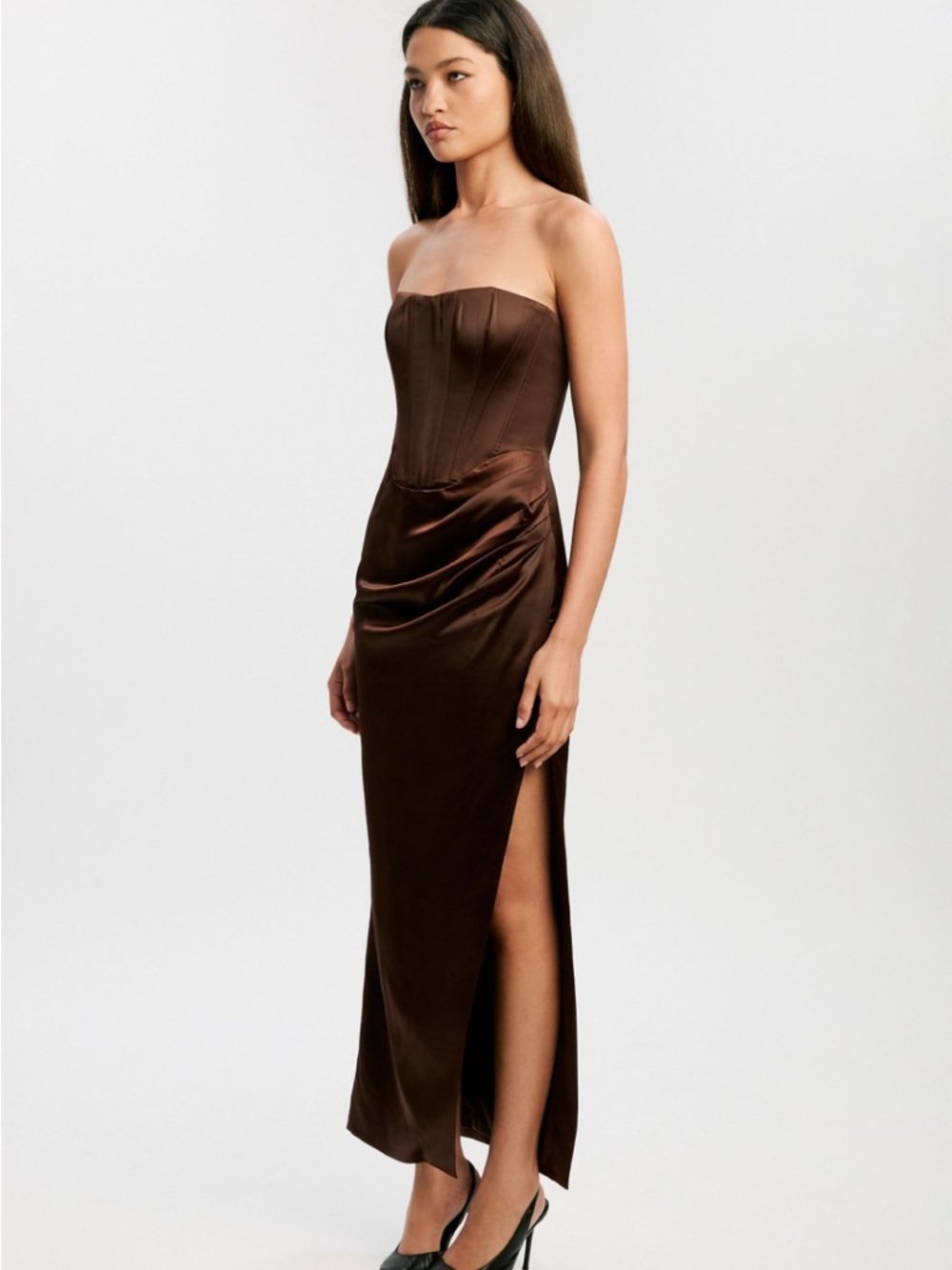 Bardot Everlasting Satin Chocolate Brown Strapless Corset Midi Dress - Picture 6 of 15